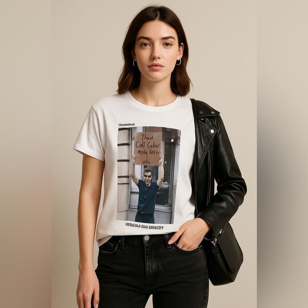 White Graphic Short-Sleeve Tee with Photo Print